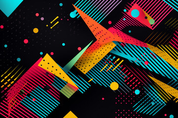 A dynamic composition with bright geometric shapes on a dark background