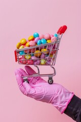 A selection of multicolored candies fill a small shopping cart, representing concepts such as shopping, choice, and variety in a minimalistic style