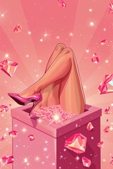 Illustration of a woman's legs wearing high heels placed on a sparkling pink crystal pedestal, evoking luxury, glamor, and fashion