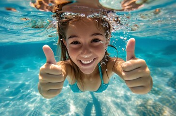 An underwater photo capturing a cheerful girl in a blue swimsuit giving two thumbs up with bright, clear aqua around her