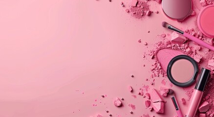 An artistic display of various cosmetic products in different shades of pink with an emphasis on textures and colors