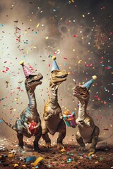 Three dynamic dinosaurs caught in the act of celebration, complete with party hats, gifts, and flying confetti