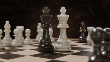 Realistic marble chess game featuring two king figures on wooden checkerboard symbolizing same sex relationship concept