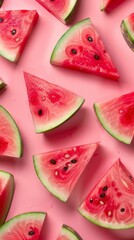 Fresh and delicious watermelon slices arranged on a pastel pink backdrop perfect for summer, healthy eating, and party themes