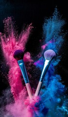 Two makeup brushes with a burst of pink and blue powder, illustrating beauty concepts and artistic expression in a dynamic, high-quality image