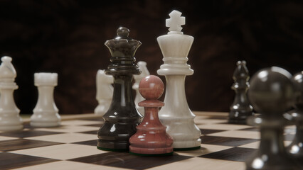 Realistic marble chess game featuring male female and kid figures on wooden checkerboard symbolizing multiracial relationship concept