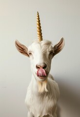 A charming unicorn goat with a unique spiraled horn makes a playful face as it sticks its tongue out at the viewer