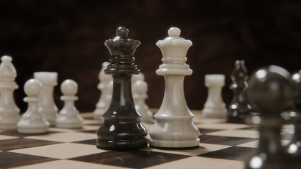 Realistic marble chess game featuring two queen figures on wooden checkerboard symbolizing same sex relationship concept