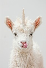 A cute unicorn goat, with a spiraled horn and a fluffy white coat, licking its lips with amusement and charm
