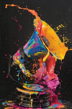 A vintage gramophone with an explosive eruption of colorful paint, merging past with modern artistry
