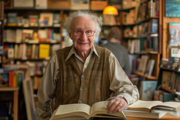 Joyful Senior Man Reading in a Cozy Bookstore