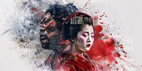 Japanese Flag with a Geisha and a Sumo Wrestler - Picture the Japanese flag with a geisha representing Japan's traditional arts and a sumo wrestler