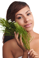 Plants, beauty and woman with flowers in skincare, dermatology or mockup in white background....