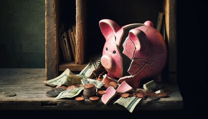 A broken piggy bank with a pile of money on top of it. The broken piggy bank suggests that someone has lost their money or has been careless with their savings