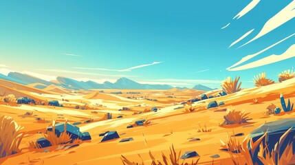 In this captivating scene golden sand dunes and stones contrast against a backdrop of a blue cloudy sky in a desert landscape It depicts a hot dry and deserted African or Mexican nature sett