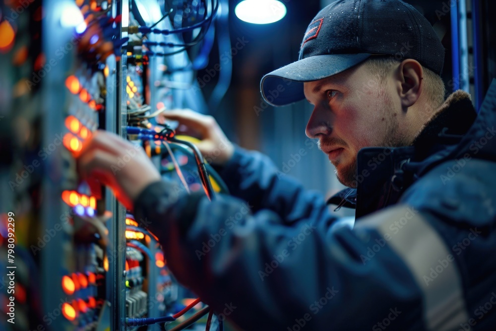 Poster a man working on a machine in a factory. suitable for industrial concepts