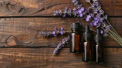 Aromatherapy essential oil bottles and lavender flowers on a wooden background