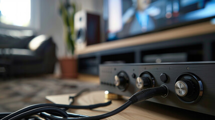 Optical Audio Cable An optical audio cable connected to a soundbar and a TV, transmitting digital...