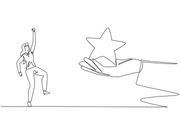 Continuous one line drawing businesswoman was happy to get a star from giant hand. Always get good grades. Employee of the month. Hard and smart work. Single line draw design vector illustration