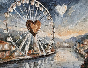 Dreamlike watercolor illustration of vintage wooden Ferris wheel with a big heart on river 