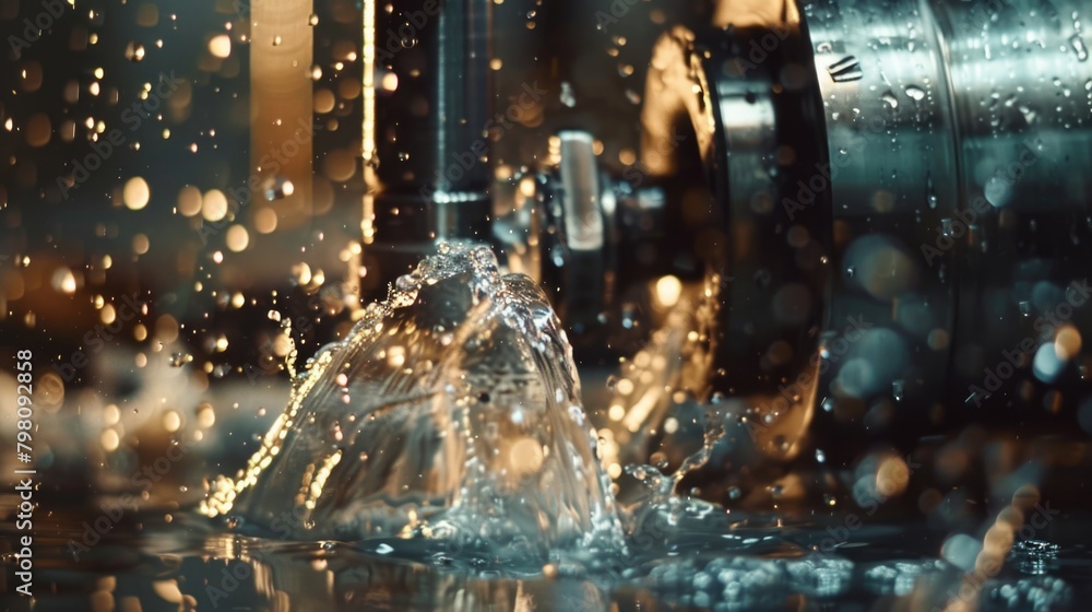 Poster close-up of a water fountain with a clock in the background. suitable for urban and time-related con