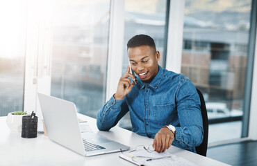 Phone call, business and black man with cellphone at desk for conversation, networking or...