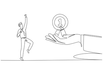 Single continuous line drawing businessman was happy to get a reward medal from giant hand. Recognition from various parties for extraordinarily brilliant business. One line design vector illustration