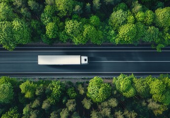 Logistics Efficiency: Aerial View of White Truck on Forest Highway