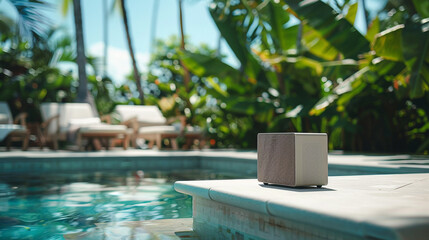 Poolside Speaker A summertime snapshot showcasing a portable speaker by the pool, surrounded by...