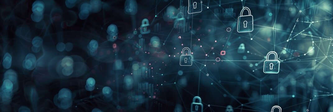 Flowing Disruption: Cybersecurity Network Icons on Light Blue Padlock Banner