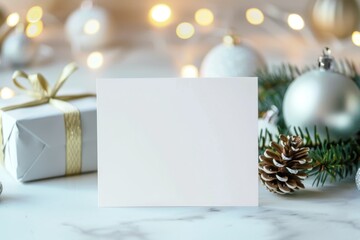 Festive Holiday Background with Blank Card and Christmas Ornaments