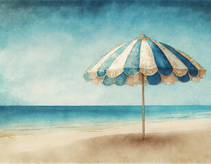 Painting of beach umbrella on the seashore in vintage style. french style on canvas, printable
