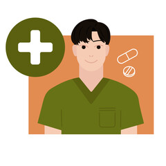 Nice male asian  nurse character in green clothing on orange background for icons, profile, apps, wallpapers, posters	
