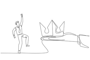 Single continuous line drawing the businessman is happy to get the crown from the giant hand. Continuing the throne of the business empire. Must be more successful. One line design vector illustration