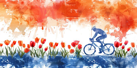  Dutch Flag with a Cyclist and a Tulip Farmer - Picture the Dutch flag with a cyclist representing the country's cycling culture and a tulip farmer 