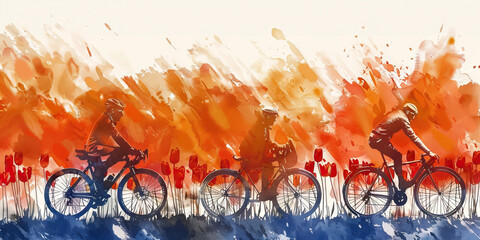 Dutch Flag with a Cyclist and a Tulip Farmer - Picture the Dutch flag with a cyclist representing the country's cycling culture and a tulip farmer 