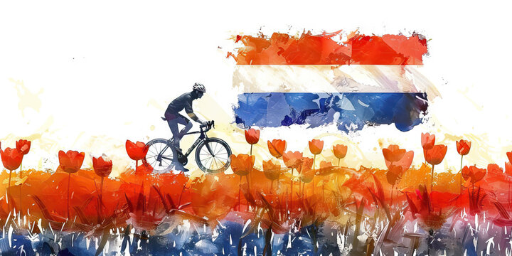  Dutch Flag with a Cyclist and a Tulip Farmer - Picture the Dutch flag with a cyclist representing the country's cycling culture and a tulip farmer 