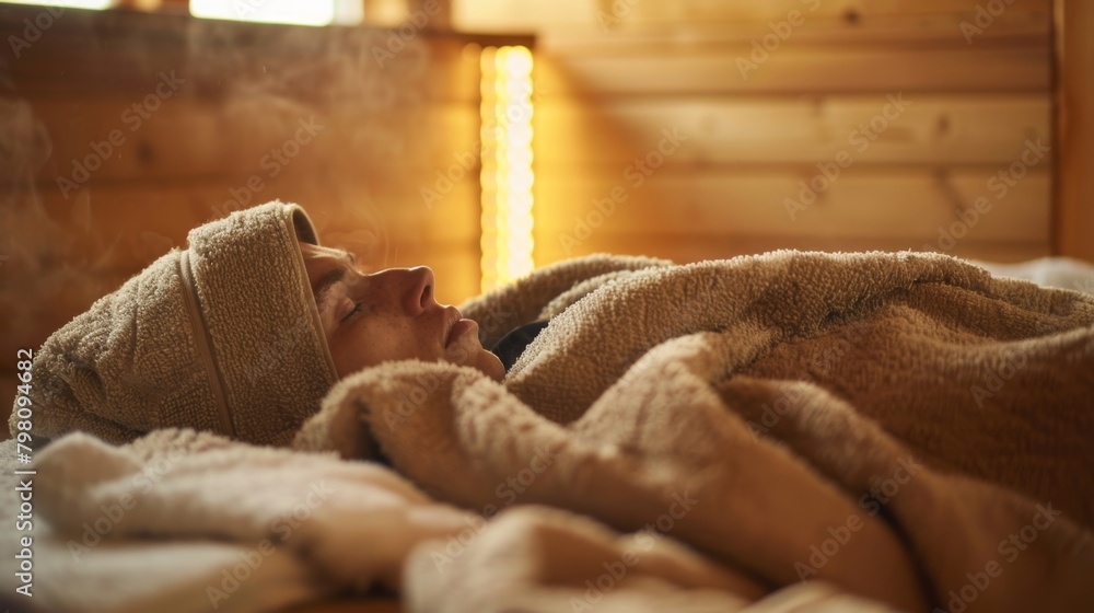 Poster A person laying down in the sauna covered in a thick layer of towels and blankets. This extra layer of warmth helps them sweat out toxins and boost their immune system during the winter.