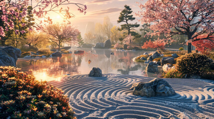 A Japanese garden with a small house and a cherry tree. The garden is full of rocks and has a pond...