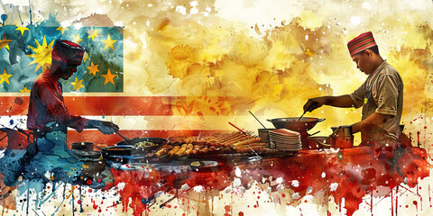Malaysian Flag with a Batik Artist and a Satay Vendor - Imagine the Malaysian flag with a batik artist representing Malaysia's textile art and a satay vendor