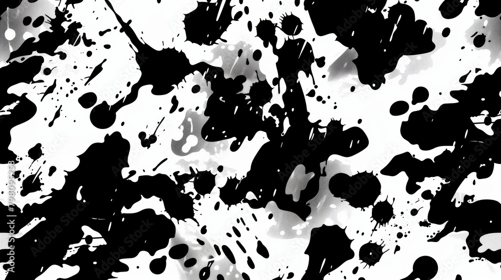 Poster pattern of black and white paint splashes, creating an abstract background with hints of cow print f