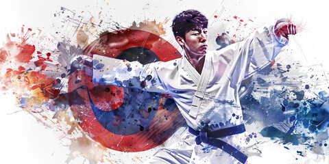 South Korean Flag with a K-pop Idol and a Taekwondo Master - Visualize the South Korean flag with a K-pop idol representing the country's music industry and a Taekwondo master 