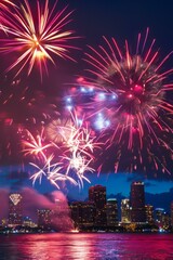 Miami's skyline, vibrant fireworks over city, festive or New Year themes.