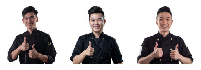 Smiling Asian male chef giving thumbs up in uniform cut out png on transparent background