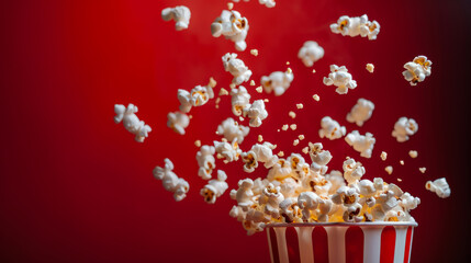 Flying pop corn, white and red stripes bucket carton of popcorn, red background