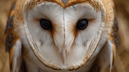 Naklejka premium Close-up capture of majestic common barn owl (tyto albahead) revealing intricate details of its stunning plumage