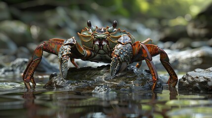 Vibrant crab crawling along coastal wildlife habitat, nature photography in motion