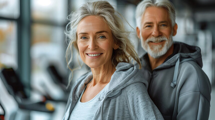 senior woman man exercise gym fitness couple sport healthy elderly health training active happy portrait old fit mature female adult workout body vitality.