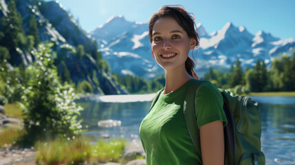 Naklejka premium beautiful hiker along the riverside wearing green t-shirts, smiling and facing toward camera