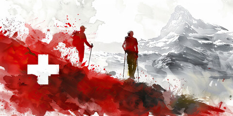 Swiss Flag with a Cheese Maker and a Hiker - Imagine the Swiss flag with a cheese maker representing Switzerland's cheese industry and a hiker